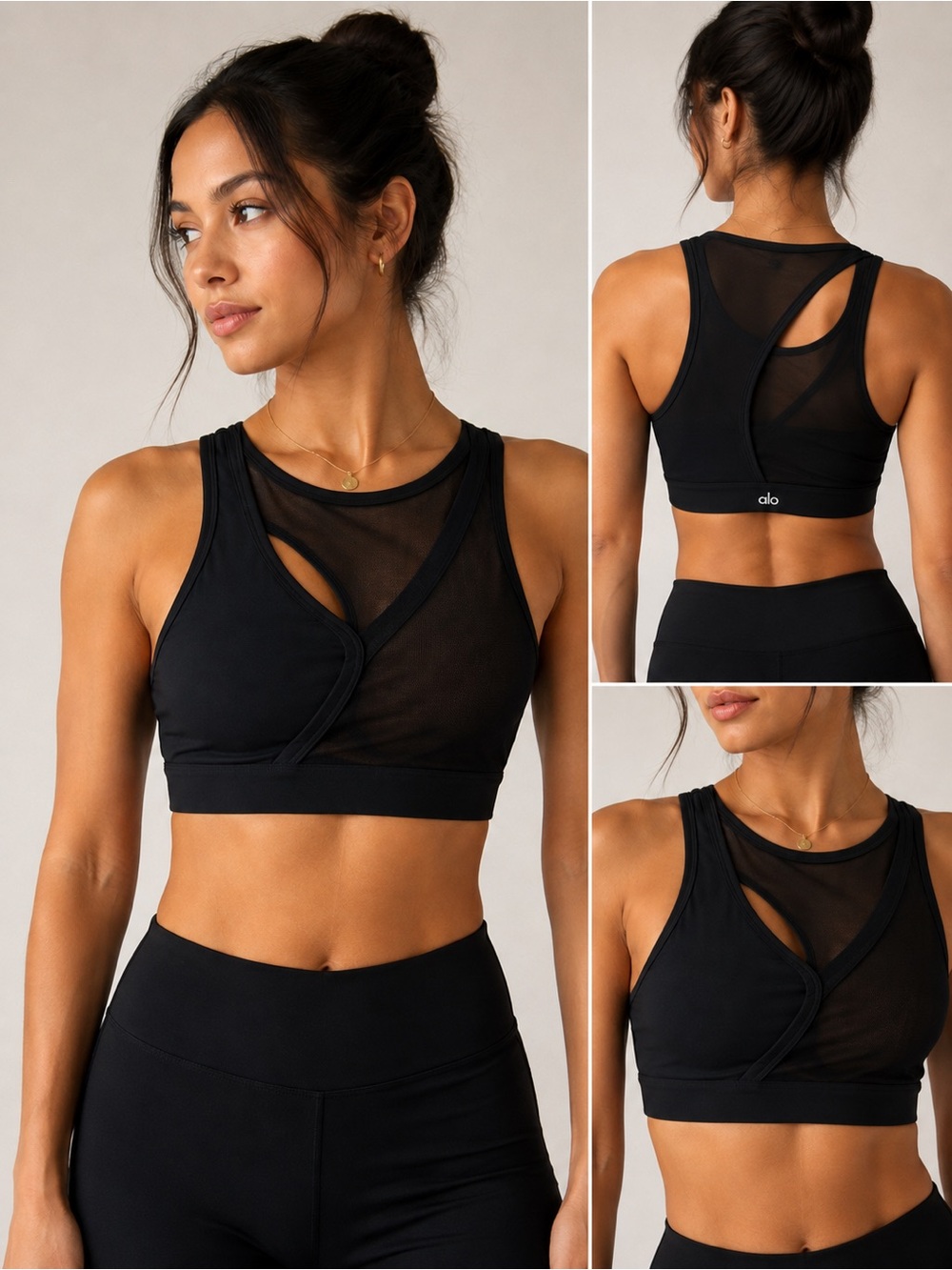 Alo Yoga Black Asymmetrical Mesh Racerback Sports Bra Women’s Size S